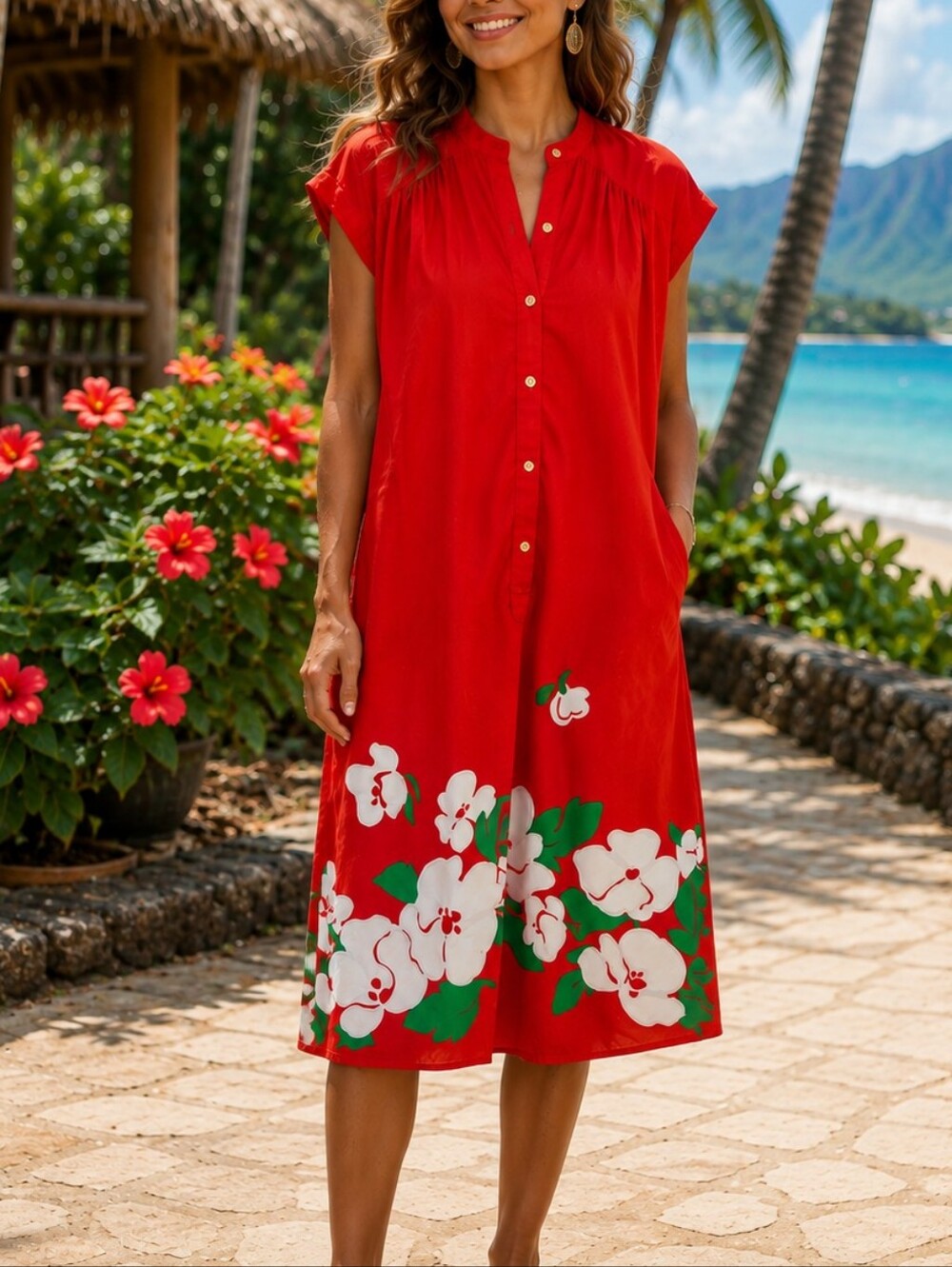 Vintage Malia Dress 60's 70's Red Floral Hawaiian Size 8 100% Cotton Pocket EUC